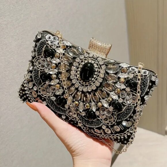 Beaded Rhinestone Evening Bag, Elegant Box Clutch Purse, Wedding Handbag #013.28 - Picture 2 of 9